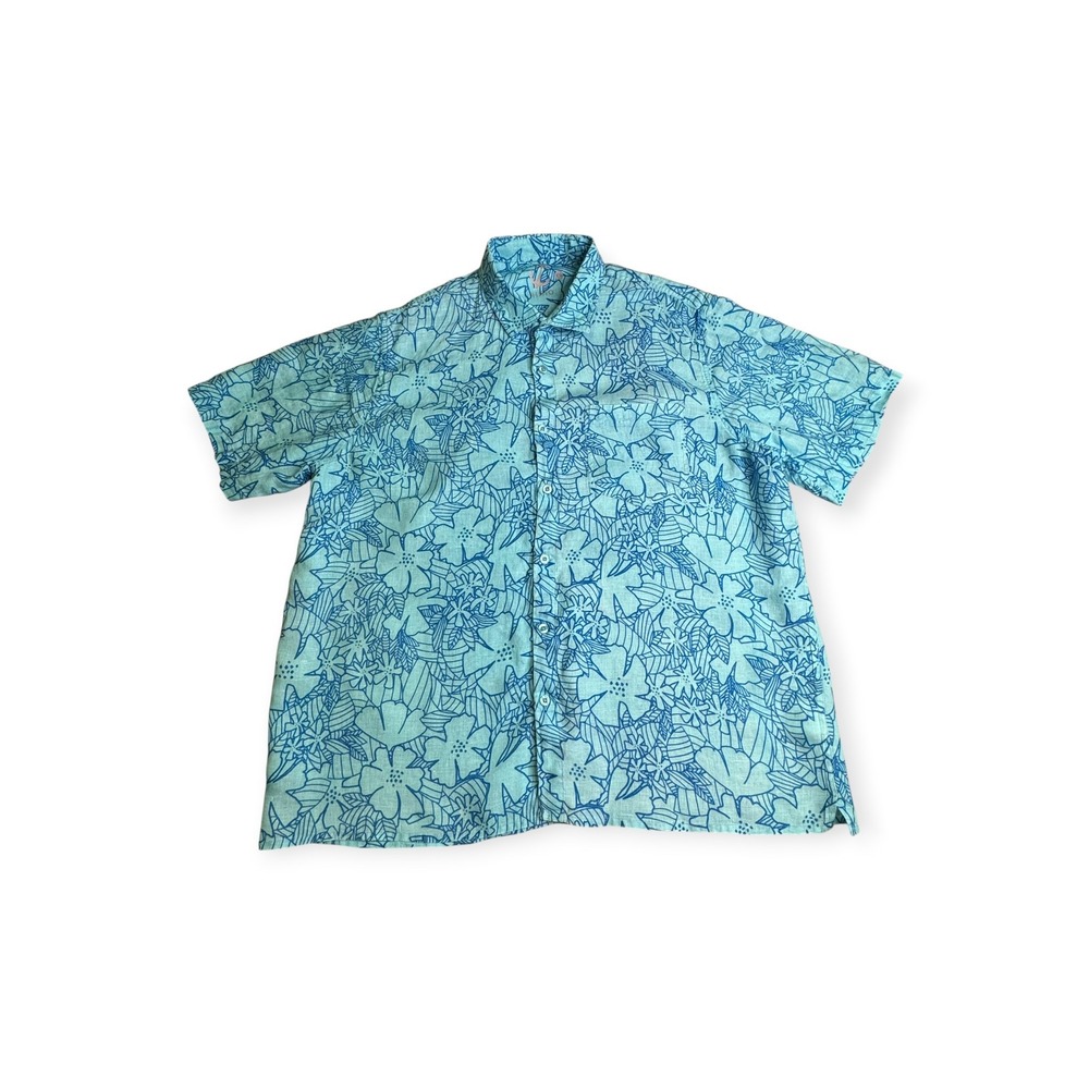 HIHO Mens Blue Floral 100% Linen Short Sleeve Button Down Shirt XL